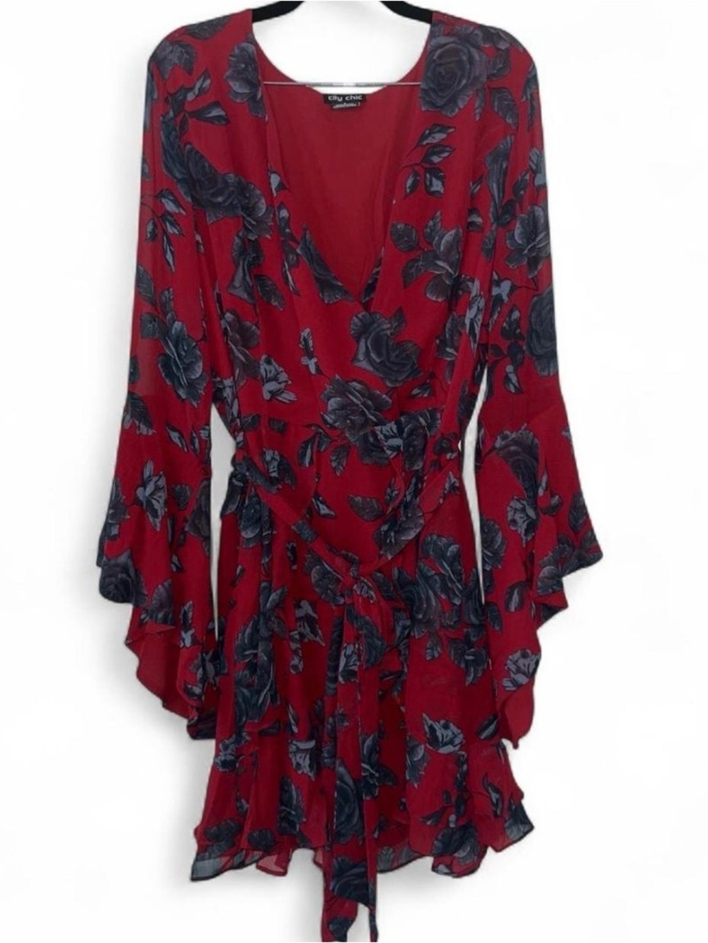 Like New City Chic Plus Size 16 Red Mini Dress with Grey and Black Rose Print - Picture 2 of 12